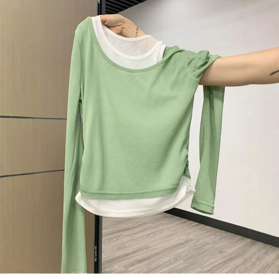 

Sweet Spicy Color Block Faux Two-Piece Tee Women's Spring Long Sleeve Slim Fit Crop Top Lagenlook Shirt​