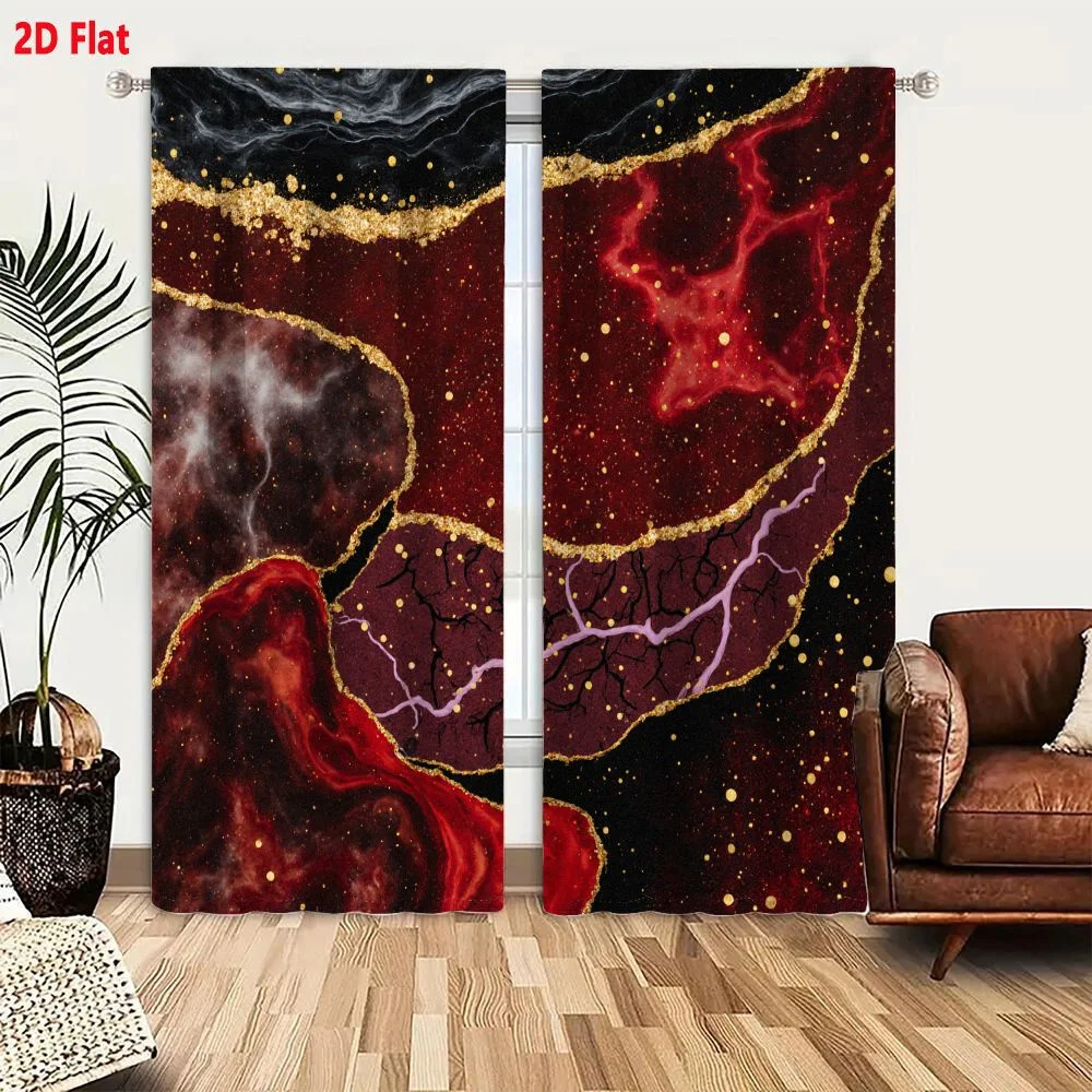 2Pcs Curtains 2D Flat Abstract Cosmic Artwork Dark Swirling Marbled Sections Deep Reds Purples Blacks Gold Vein-like Lines Golde