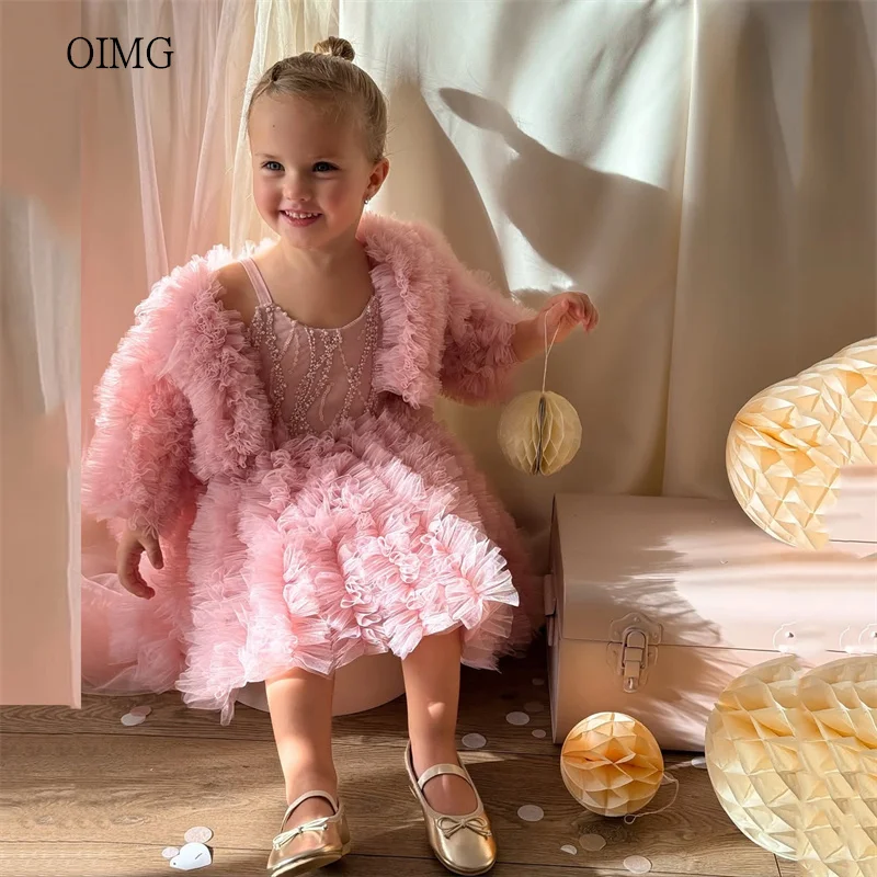 

OIMG Princess Pink Ball Flower Girl Dresses Two-piece Set Winter Wedding Party Dress Knee Length Birthday Dress Customized