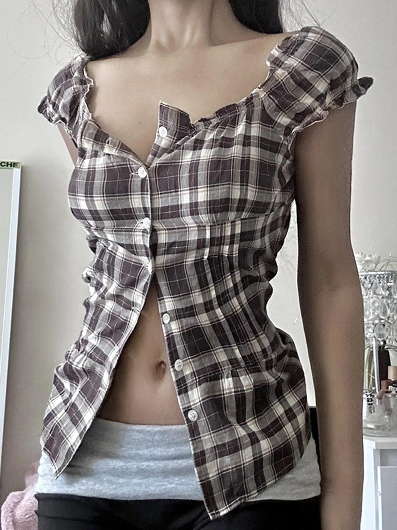 FDEY Plaid Print Slim Retro Blouses Classic Fashion Streetwear All-match Basic 90s Tops Button Chic Summer Clothings