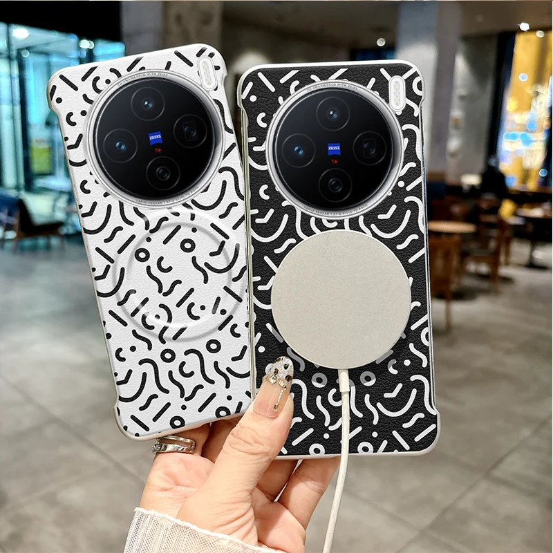 

Magsafe Painted Graffiti Plain PU Leather Phone Case For Vivo X200 Pro Mini Ultra S20 Pro Magnetic Borderless Shockproof Cover