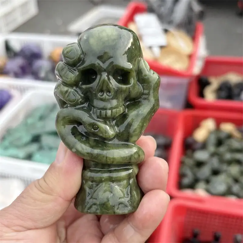 

Натуральный Офиолит Нефрит Рука Змея Череп Резьба Кристалл Хэллоуин Подарок Фестиваль Ремесло Для Украшения 1 шт.
