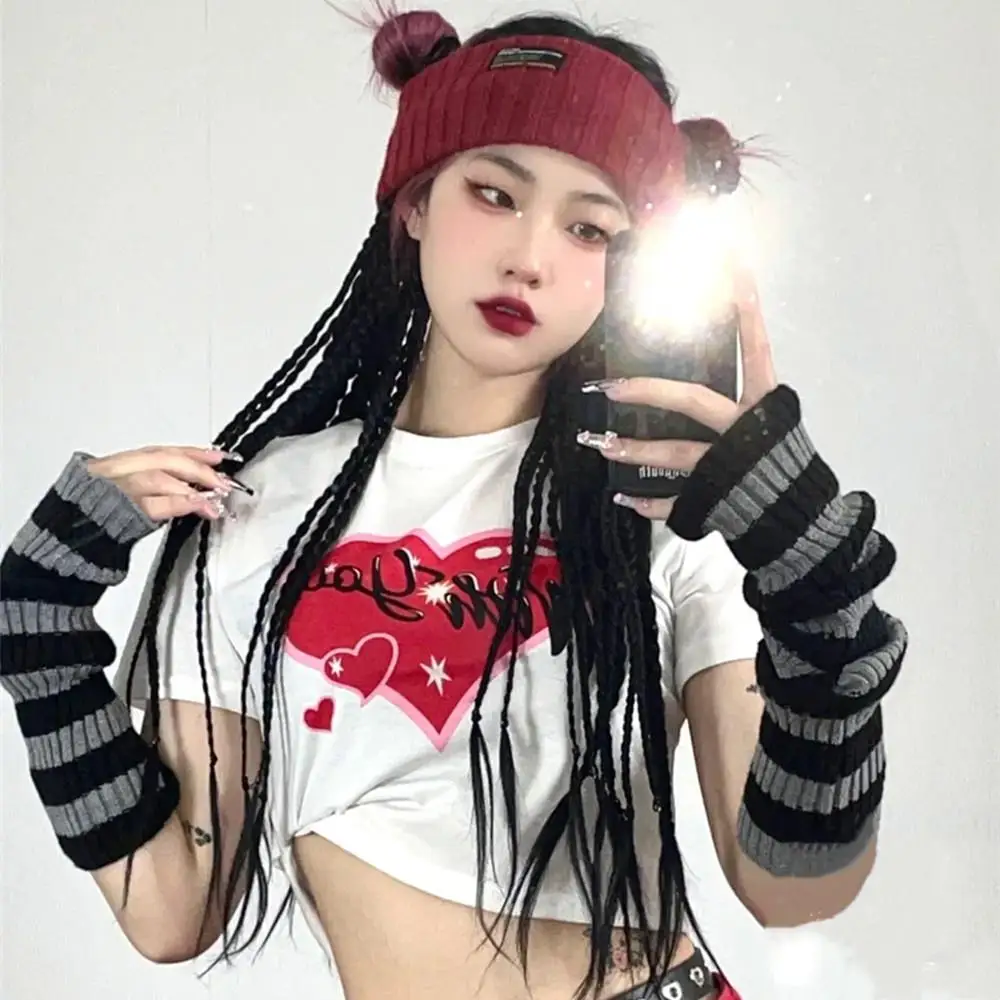Y2K Harajuku موضة المرأة محبوك مخطط الكوع قفازات القوطي الشرير أصابع أكمام أذرع تبريد تأثيري أنيمي قفازات الشتاء مدفئات للذراع