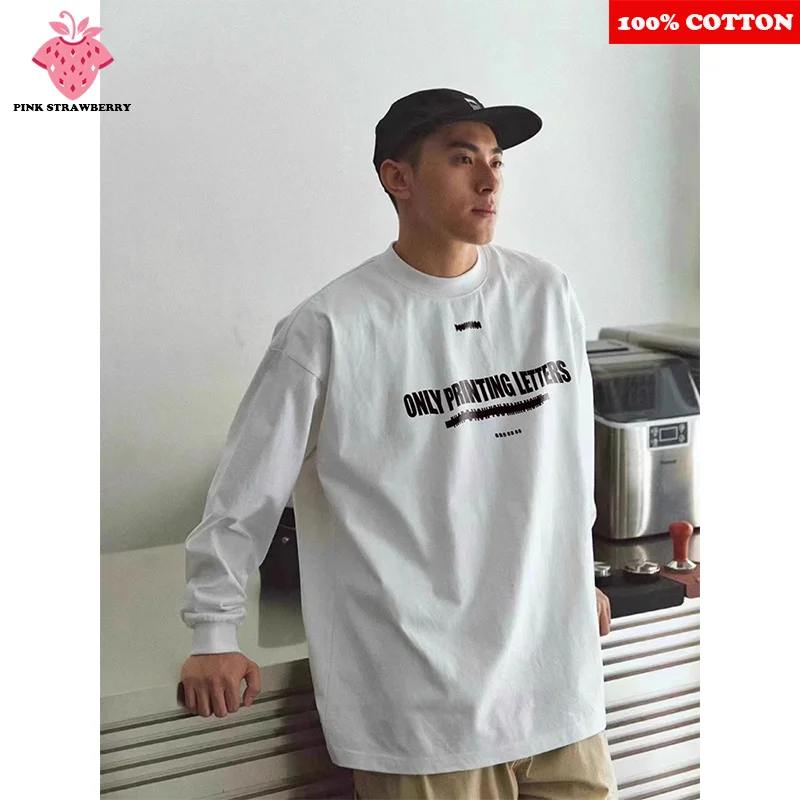 

American Casual Men Long sleeves T-shirt Autumn 2025 New 100%Cotton White O-Neck Letter Print T-shirt Loose Y2k Top Men clothing