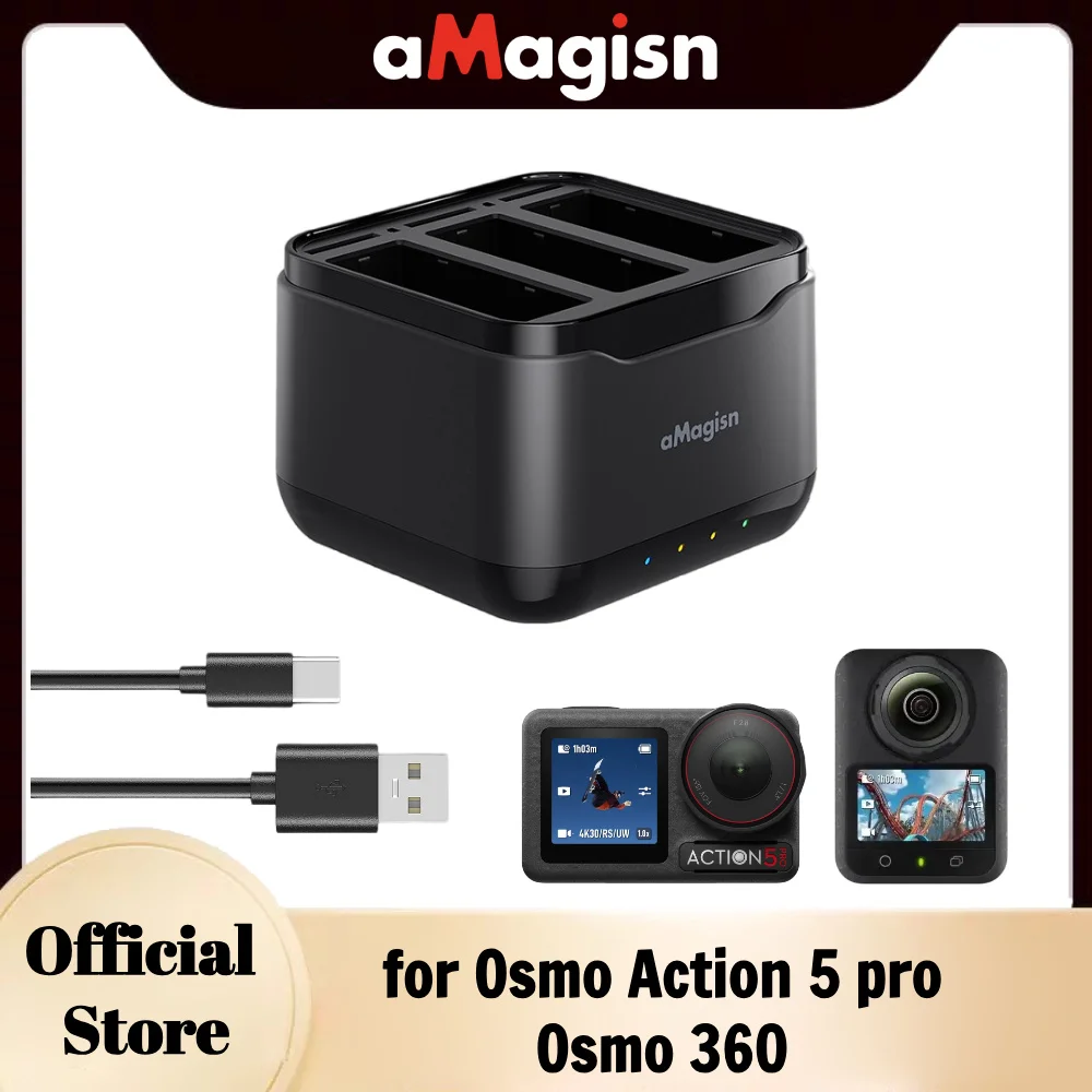 

aMagisn 3-Bay Battery Charger Fast 2H Charge Smart Battery Safe 3 Slot Charger Dock for DJI Osmo Action 3 4 5 Pro / Osmo 360