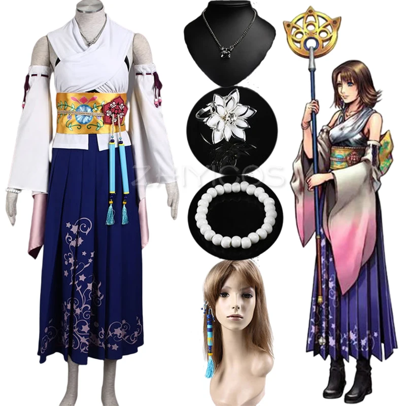 Customized Final Fantasy X Yuna Cosplay Costume+Necklace+Bracelet+Ring+earring Full Set Halloween Adult Costumes for Women