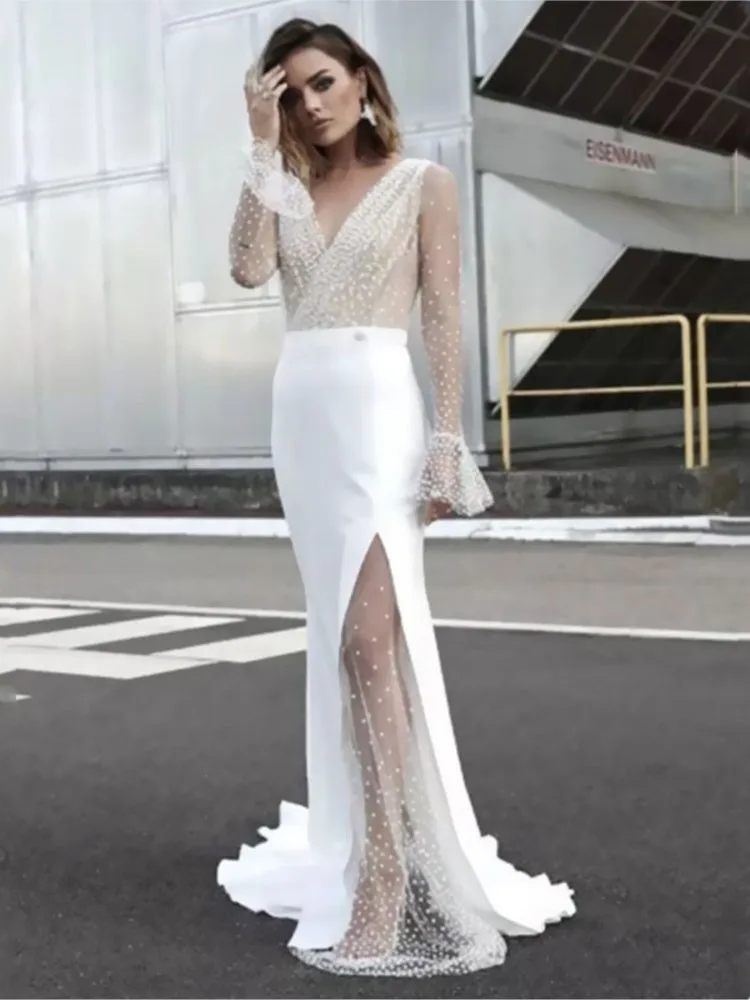 Robe longue en dentelle transparente pour femmes, Sexy, col en v, nouvelle mode d'été, élégante, manches longues, Slim, portefeuille, hanche, robes de soirée de vacances