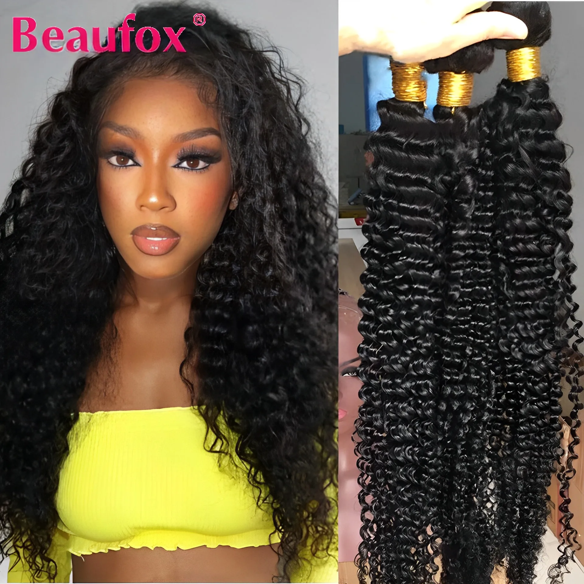 Beaufox Deep Wave Bundles Human Hair 1/3/4 Bundles Brazilian Deep Curly Hair Weave Bundles Natural Black Hair Bundles Extensions