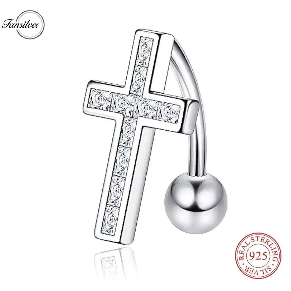 

Fansilver Sterling Silver Body Jewelry Reverse Curved Barbells Piercing Navel Rings CZ Heart Cross Belly Button Rings for Women