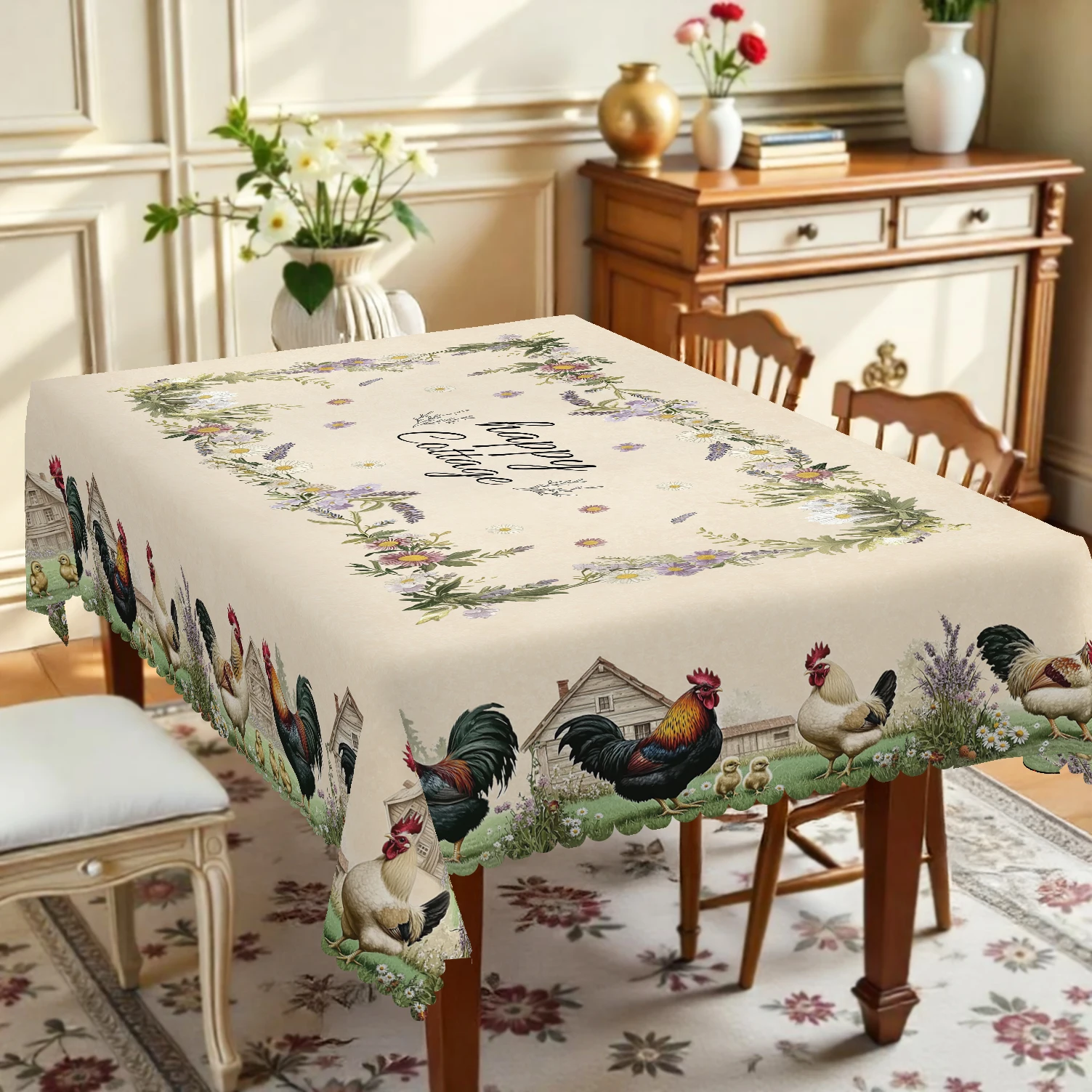 Vintage Pastoral Style Tablecloth, with a Farm Scene Print Around the Edges Featuring Realistic Roosters, Hens, and Chicks, and a Floral Wreath in the Center Composed of Lavender and Daisies Surrounding the 