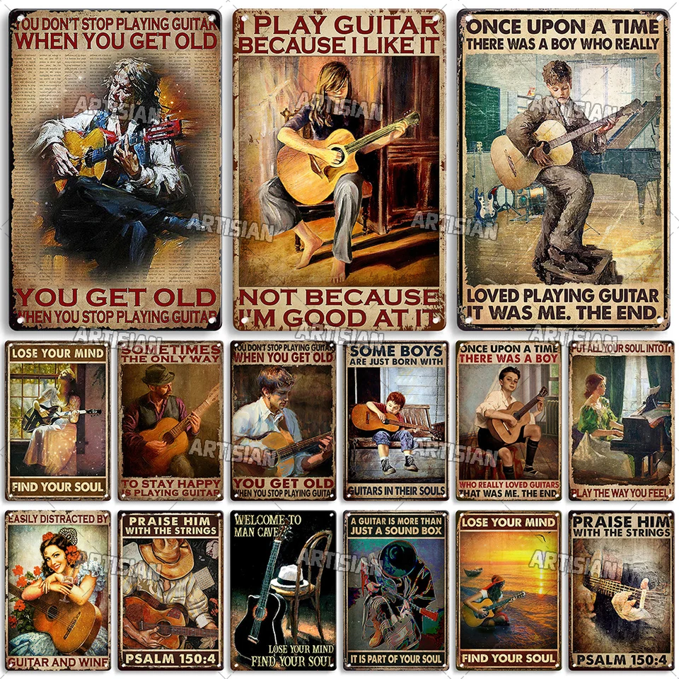 Hioni Musique Guitare Fille Peinture, Pancarte en Métal Panneau Poster Plaque Métallique Slogan Art Décor Vintage Pr Bar Café Pub