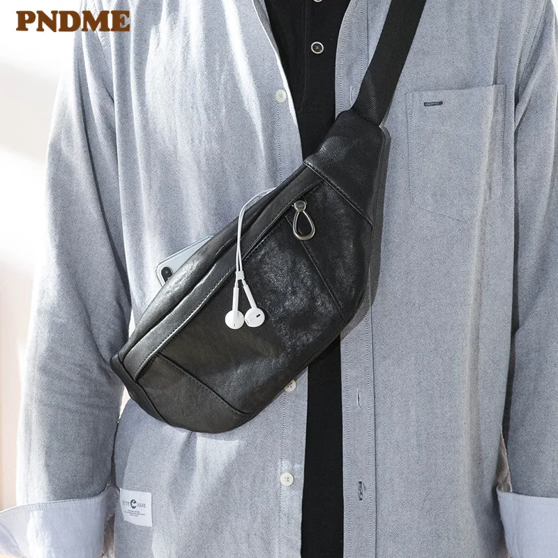 PNDME Fashion Daily Genuine Leather Men\'s Black Small Chest Bag Casual Luxury Natural Real Cowhide Outdoor Sports Shoulder Bag