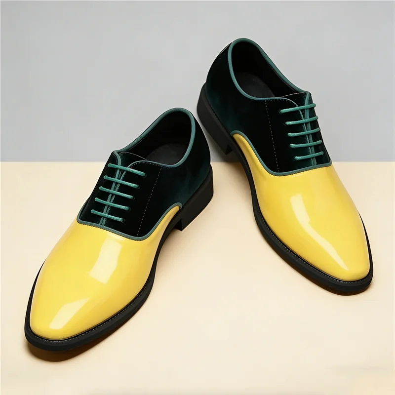 

Fashion New Men's Pointed Mixed Color Patchwork Lace Up Leather Shoes Male Business Casual Formal Dress Footwear Zapatos Hombre