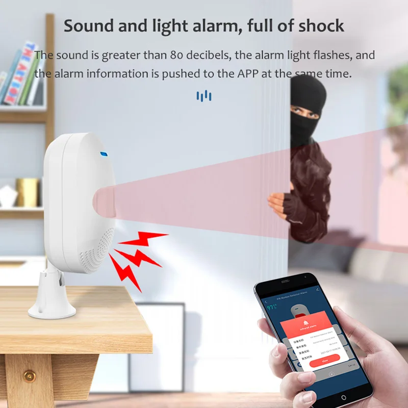 WiFi Function USB & Battery Powered Infrared Motion Detector APP Tuya Warn Burglar Alarm Indoor Safety Arming PIR Sound Sensor