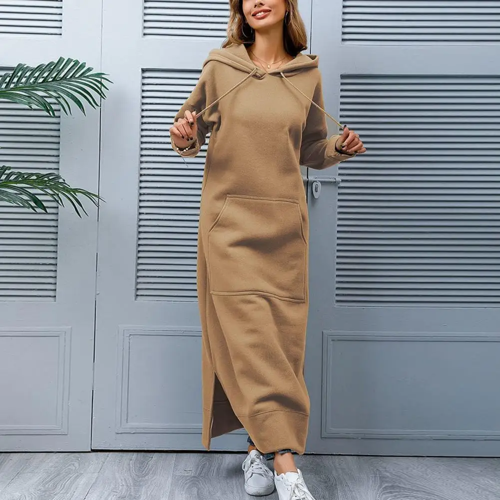 Women Hoodie Dress Elegant Maxi Dress with Hooded Sweatshirt Design Women\'s Autumn Winter Solid Color Long Sleeve Dress