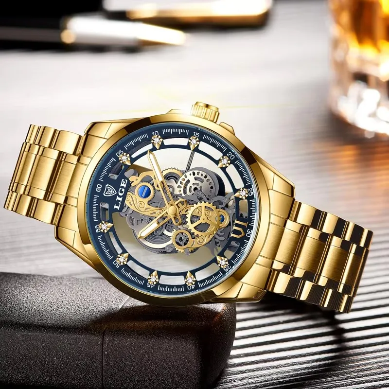 LIGE Мужские часы Скелет Кварцевые наручные часы Золотой скелет Мужские часы Лучший бренд Роскошные часы Мужские часы Relojs Hombre + коробка