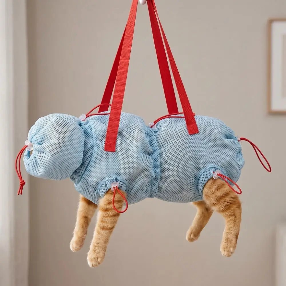 Breathable Mesh Cat Bathing Bag Hanging Adjustable Pet Restraint Bag High Elasticity Quick Drying Anti Scratch Cat Bag Vet Visit