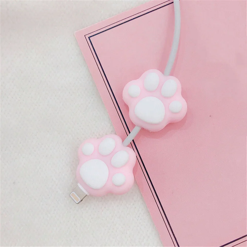 New Cute Cartoon Pink Cat Paws Cable Winder Protector for IPhone Cable Kawaii Desktop Wire USB Cable Charger Line Protector
