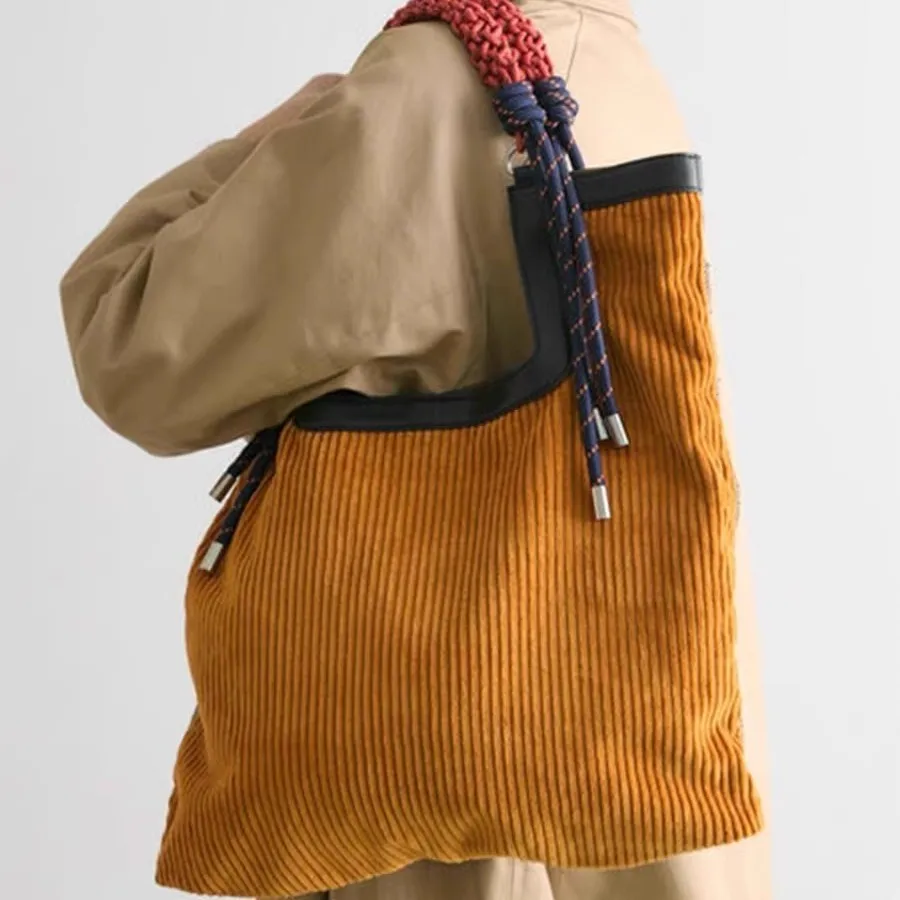 Retro Corduroy Tote Bag Autumn Winter Large Capacity Shoulder Patchwork Handbag with Rope Knot for Commuter