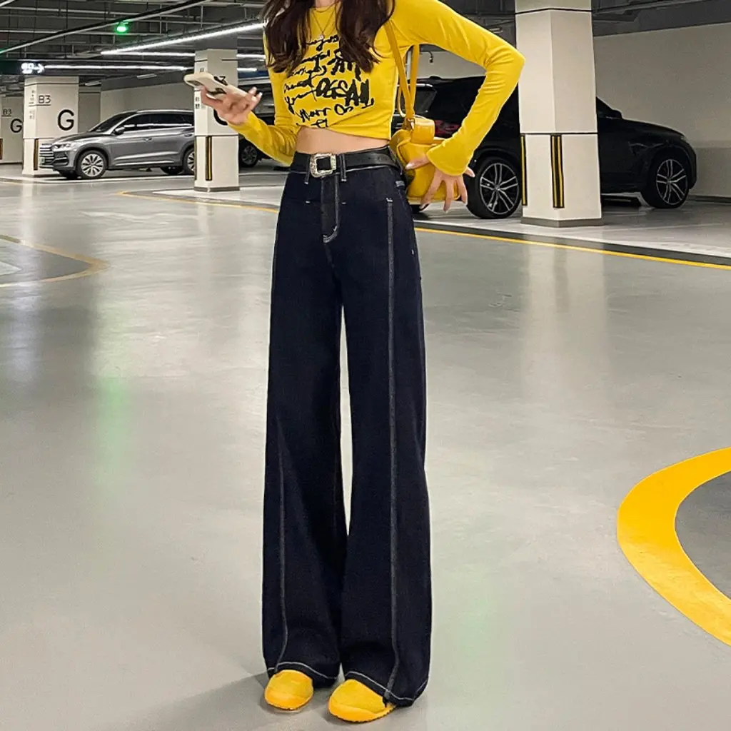 กางเกงยีนส์ขากว้างสีเข้มสำหรับผู้หญิง เอวสูง ทรงหลวม ใส่ได้หลากหลาย สไตล์ลำลอง สำหรับแฟชั่นฤดูใบไม้ร่วงและฤดูหนาว