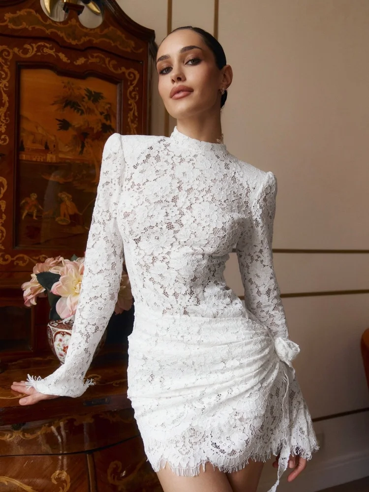 Tossy Lace Mini Dress Women Long Sleeve High Neck Ruched Side Fringe Hem Padded Shoulder Party Club Slim Fit Bodycon Going Out