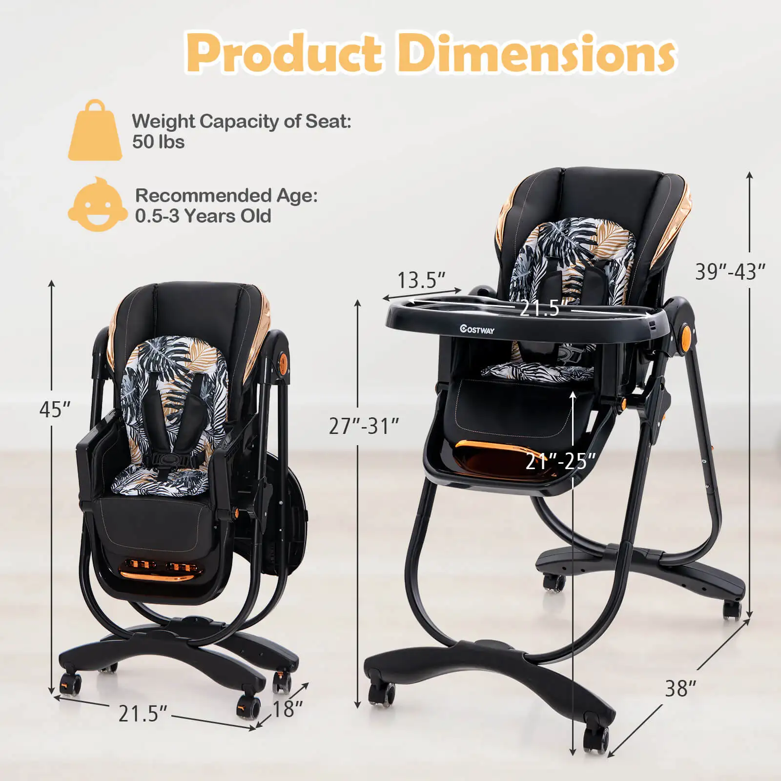 Baby High Chair w/ Wheel Folding Baby Dining Chair Adjustable Height & Recline