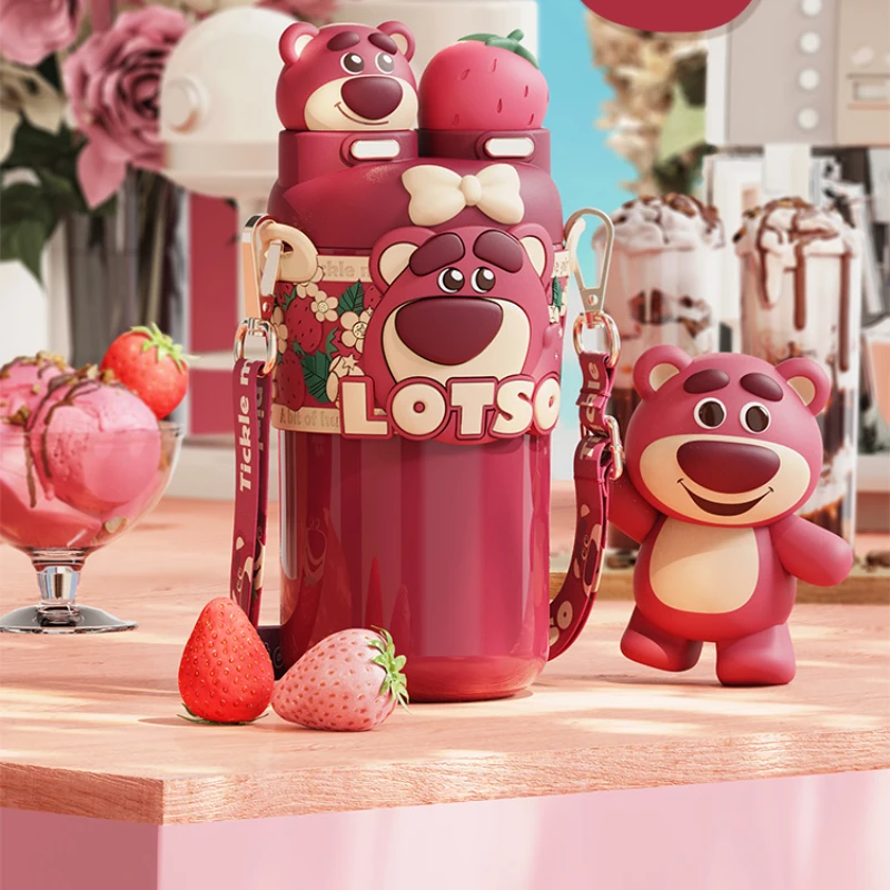 MINISO Disney Lotso Thermos Mug Double Sip Straw Water Bottles Students Drink Water Cup Cartoon Cute Children's Holiday Gifts