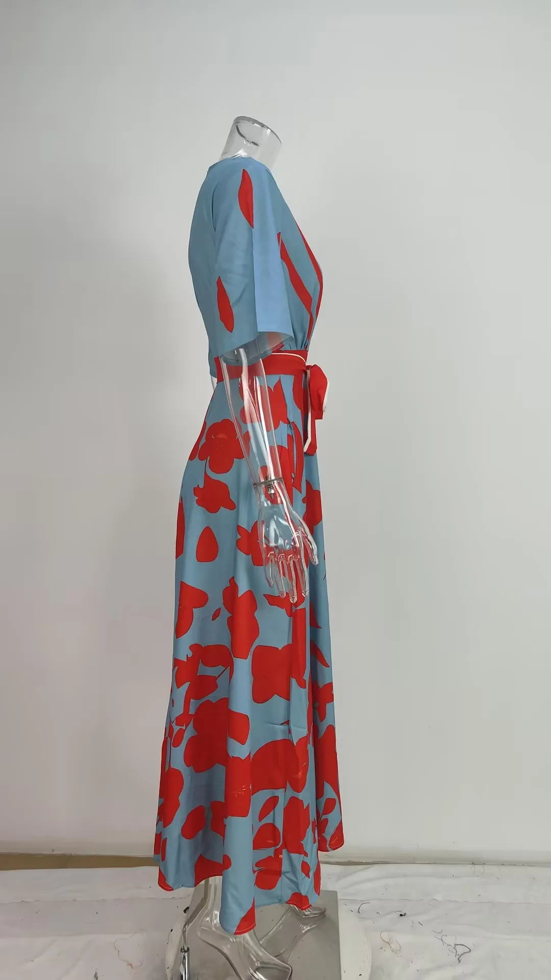 Frühling Sommer Frauen Mode V-ausschnitt Belted Party Langes Kleid Kurzarm Tasche Femlae Urlaub Übergroßen Lose Druck Maxi Kleider – Detail 11