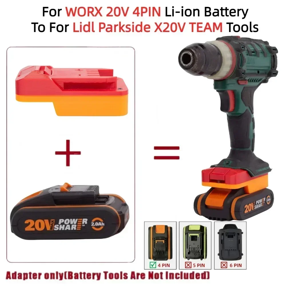 Battery Adapter/Converter for WORX 20V 4PIN Li-ion Battery TO Lidl Parkside X20V TEAM Series Cordless Power Tools (Only Adapter)