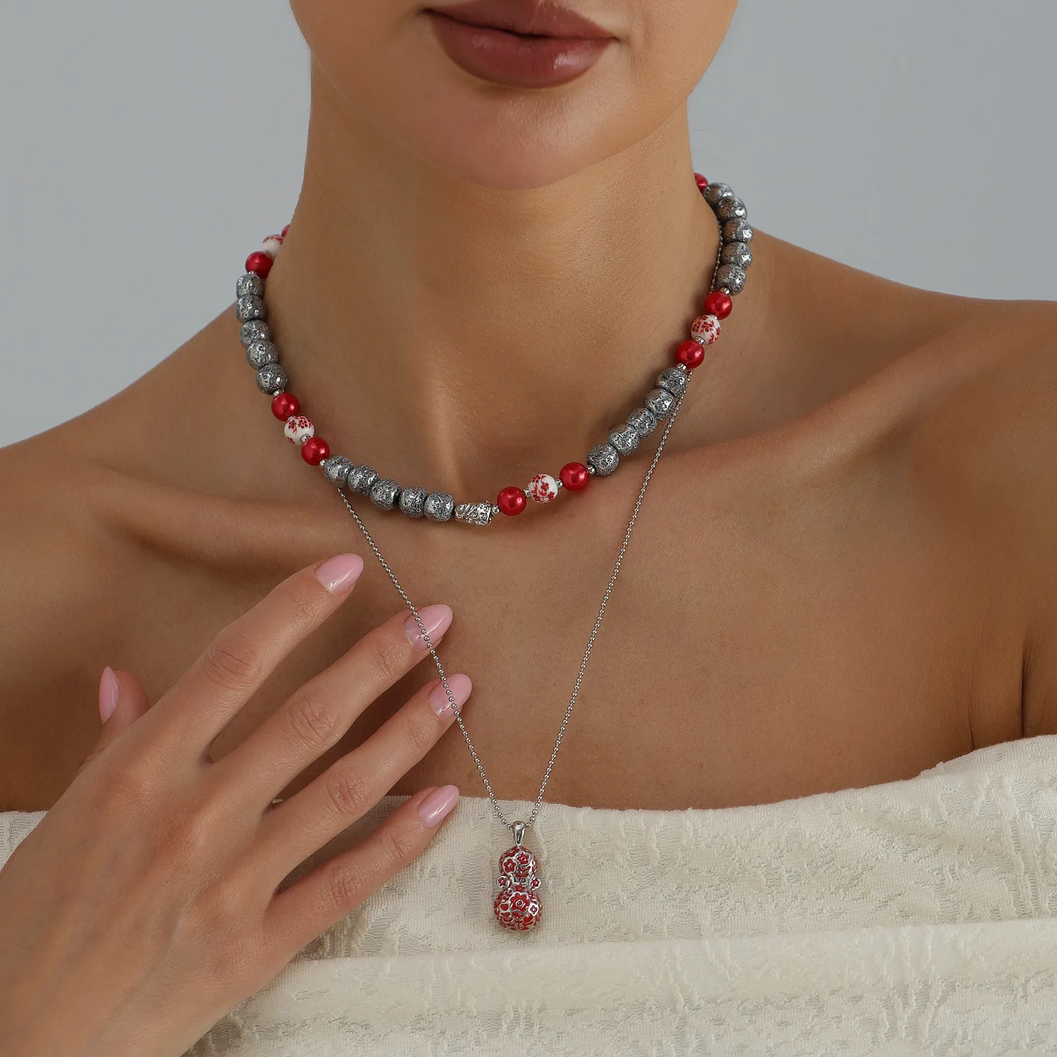 Retro Double Layer Chain Red Peanut Pendant Necklace Women's  Vintage Long Ethnic Style Colorful Flower Beaded Sweater Chain