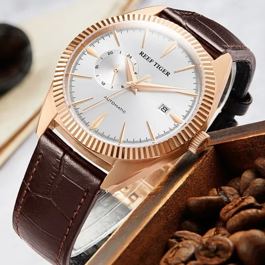 Reef Tiger Men Automatic Watch 42MM Mechanical Wristwatch 5ATM Waterproof Sapphire Mirror Small Second Dial