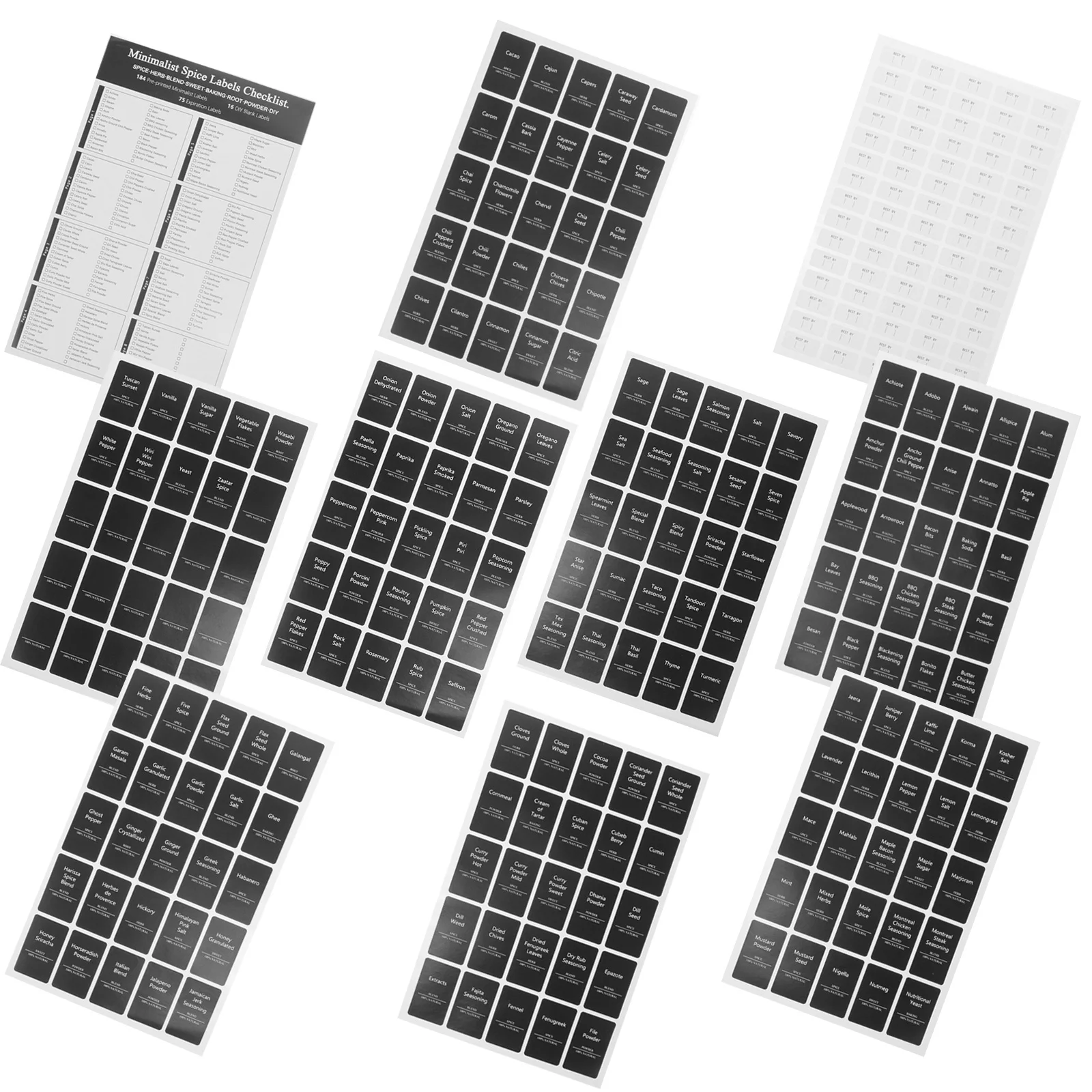 6 Blatt Etikettenaufkleber für Küchengewürzgläser, bedruckt, selbstklebende Flaschenetikettenaufkleber für die Gewürzaufbewahrung, Markierungswerkzeug