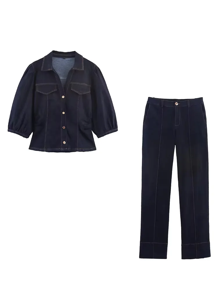 

HH Женские модные однобортные рубашки с пышными рукавами и лацканами + летние эластичные талии, тонкие брюки-клеш на молнии, джинсовый комплект из 2 предметов