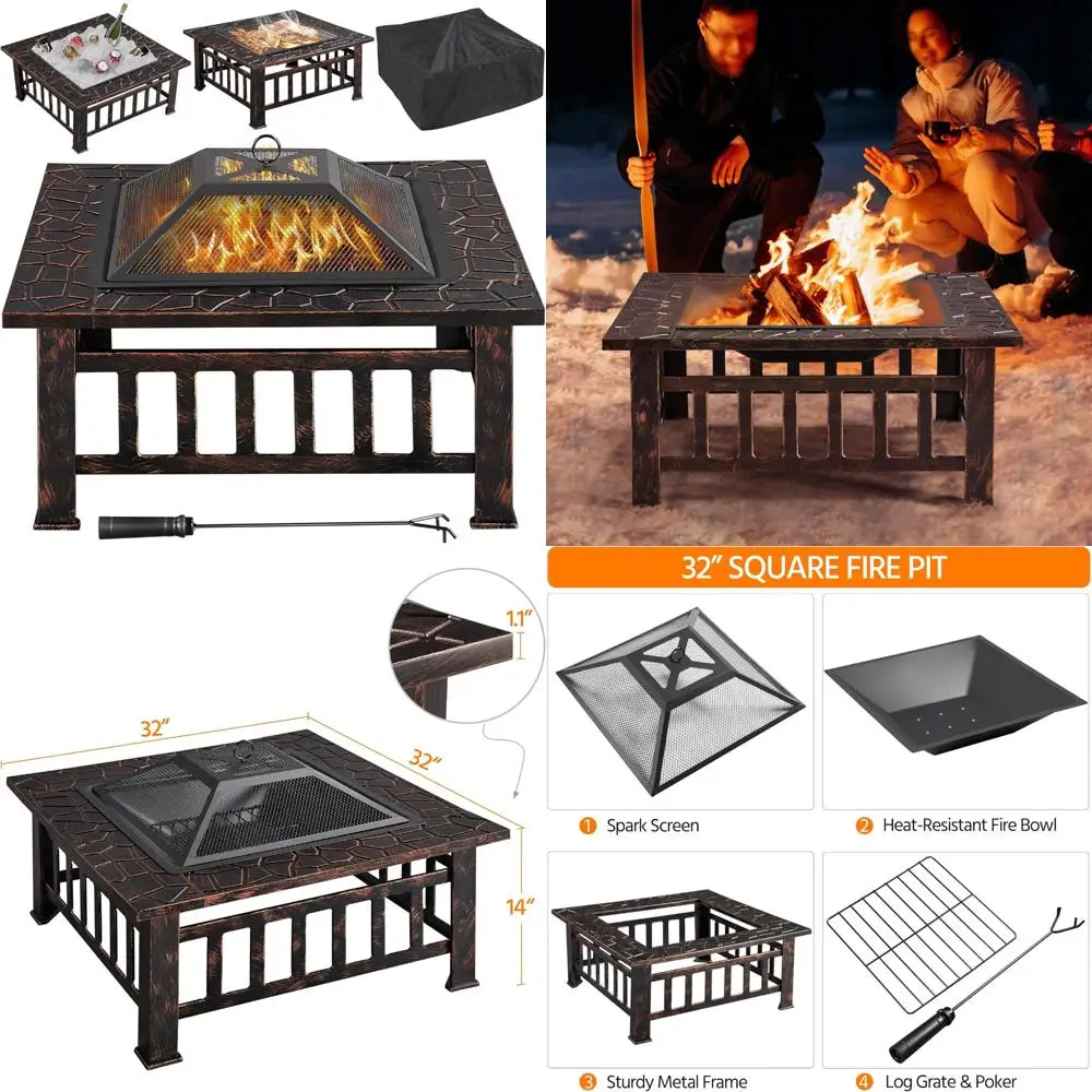 

32 Inch Outdoor Square Fire Pit Patio Garden Wood Burning Stove with Spark Screen, Log Poker, and Cover for Backyard Comfort