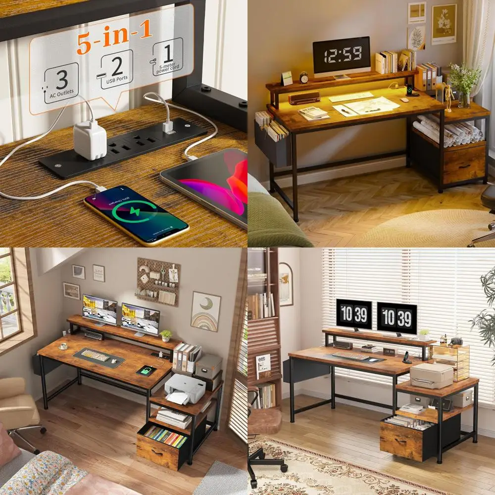 

Коричневый офисный стол в деревенском стиле, 57 дюймов, с ящиками, местом для принтера, розетками и шкафчиком для хранения, для учебы и игр