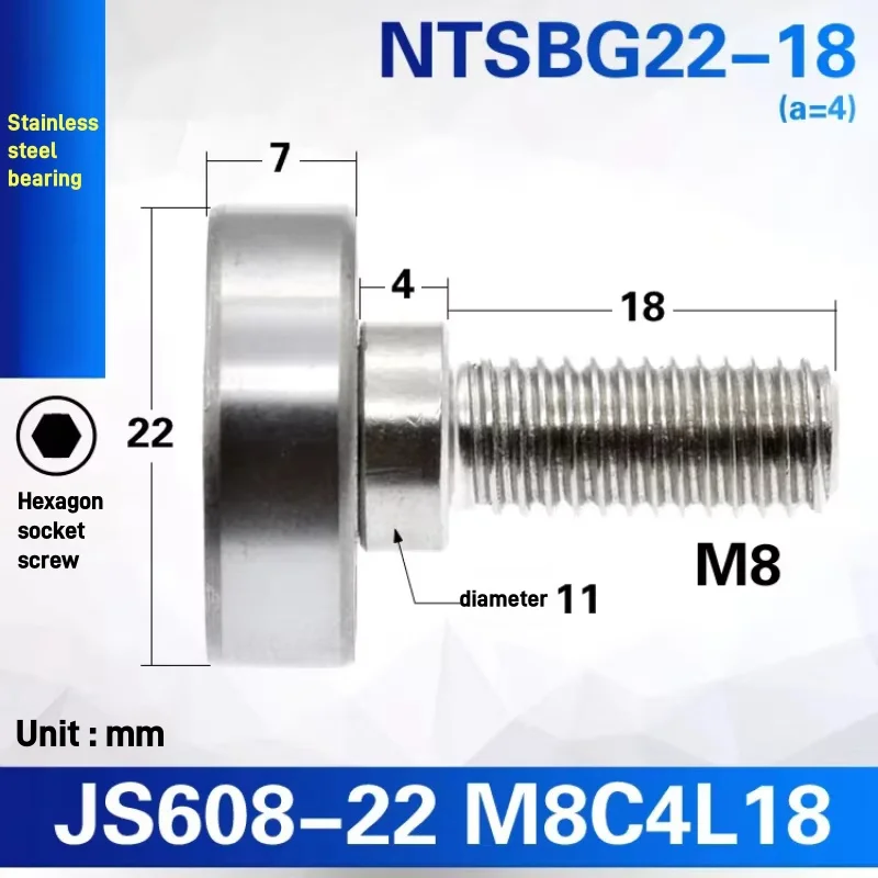 1Pc NTBG external thread M8 screw mechanical guide wheel stainless steel/bearing steel pulley rolling JS608-22M8C4L18