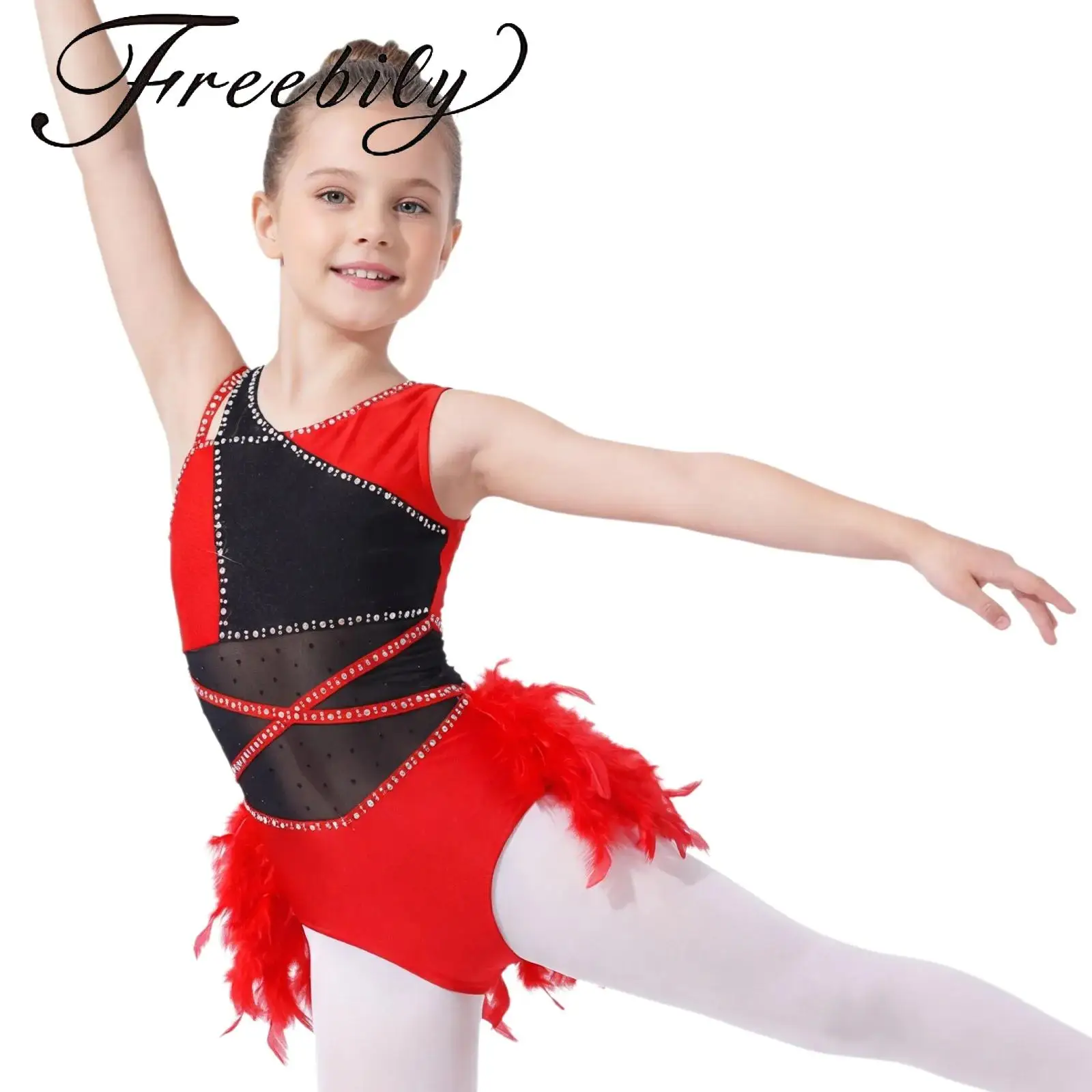 

Kids Girls Feather Dance Leotard Asymmetrical Shoulder Sleeveless Press Button Crotch Mesh Patchwork Color Block Bodysuit Latin
