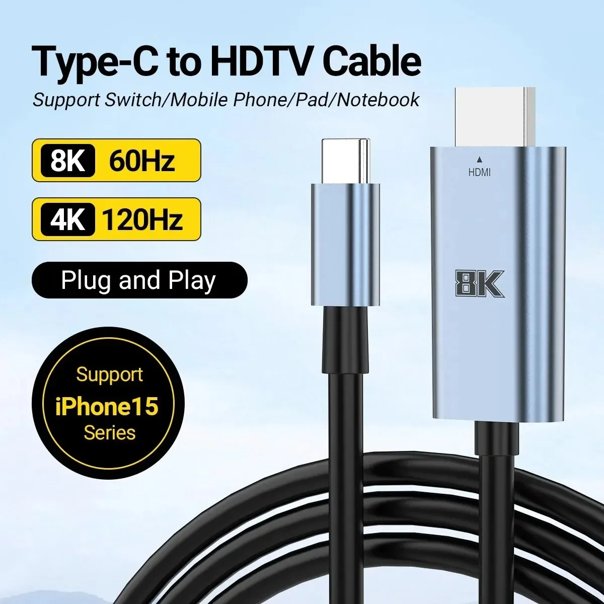 USB C to HDMI-Compatible Cable 8K UHD Type C to HDMI 2.1 Thunderbolt 3 4 to 8K60Hz 4K120Hz for iphone 15 MacBook Huawei Mate30