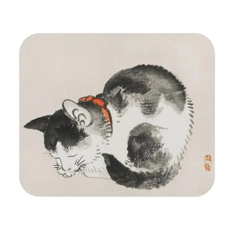 

Sleeping Cat by Kono Bairei Simple Minimal Drawing Japanese Ukiyo-e Kitten Curled in Ball Black and White Vintage Art Mouse Pad