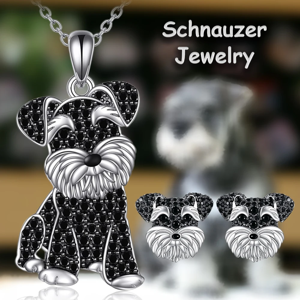 2Pcs/Set Cute Black Crystal Schnauzer Pendant Necklace and Earrings for Ladies, Jewelry Accessories, Parties, Holiday Gifts