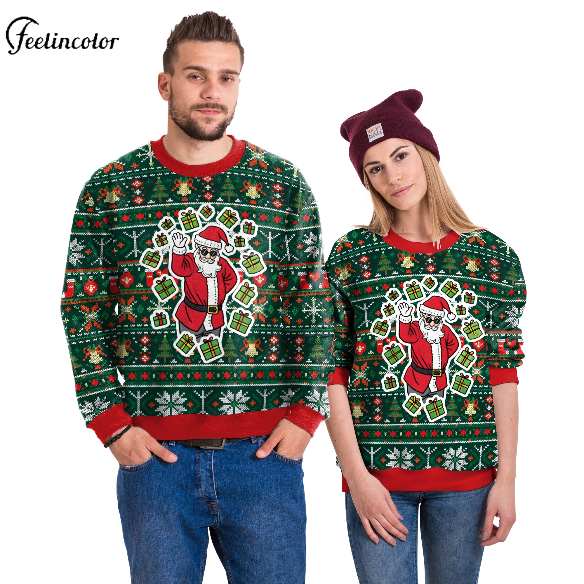 

Men Women Santa Claus Gifts Pattern Ugly Christmas Sweatshirt 3D Digital Printed Xmas Pullover Holiday Party Clothes Family Gift