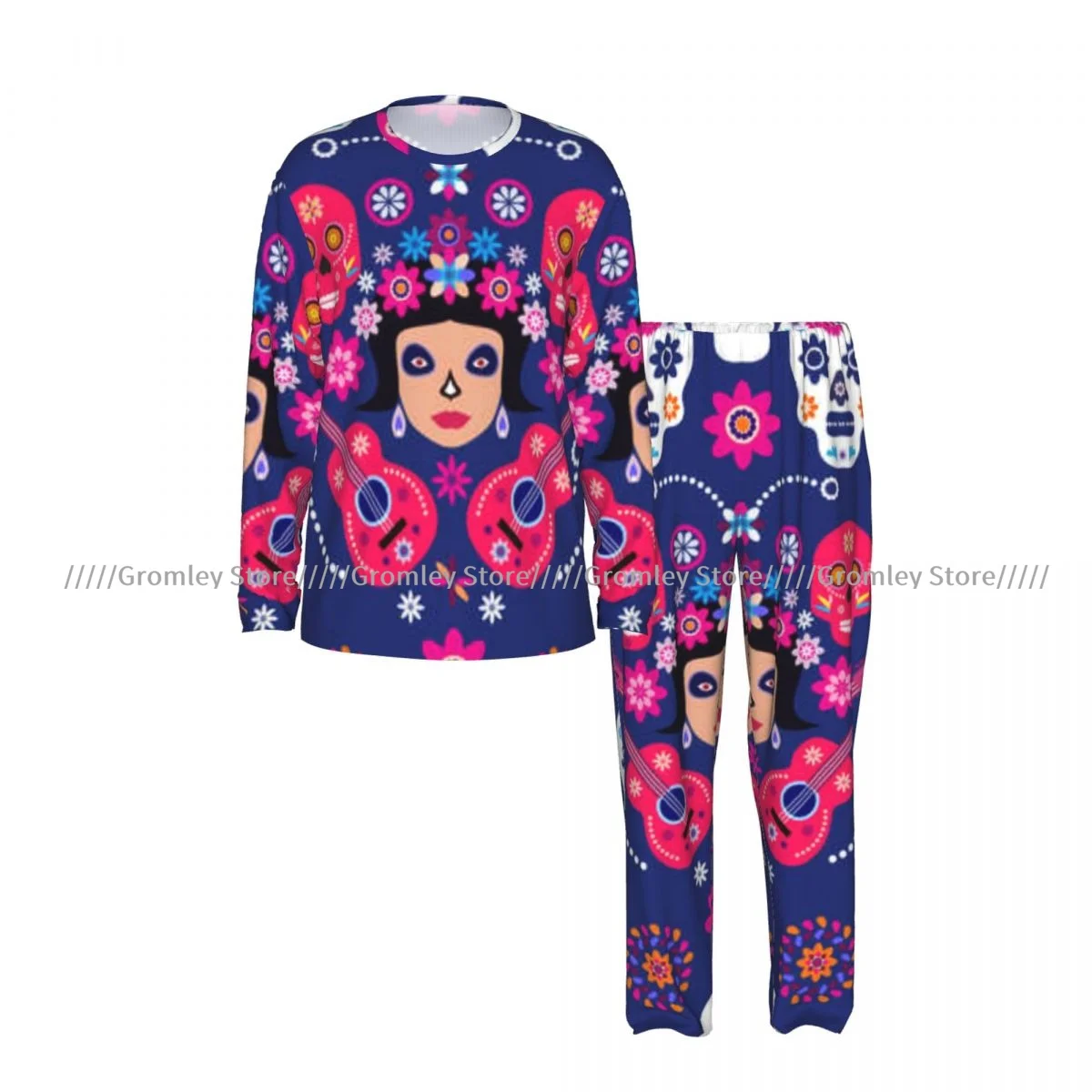Male Pajama Set Long Sleeve Long Pants Sleep Suit Sugar Skulls Marigold Flowers Pattern Homewear Men Night Loungewear