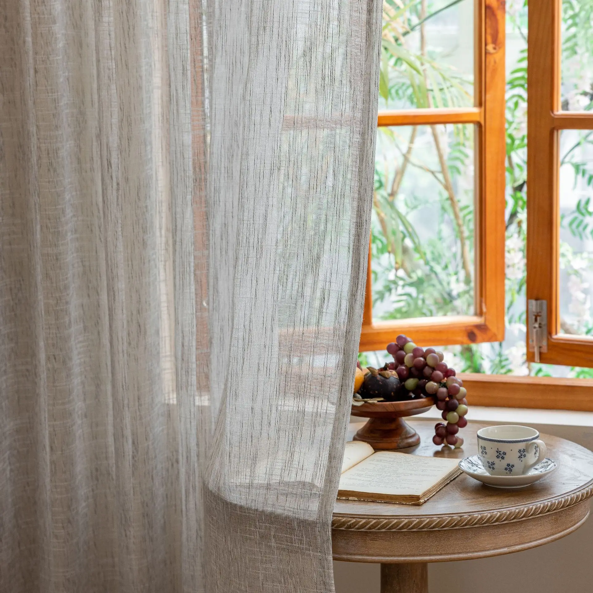 Linen Textured Beige Sheer Curtain Natural Semi Transparent Voile Grommet Top Curtain for Living Room Bedroom Window Decor
