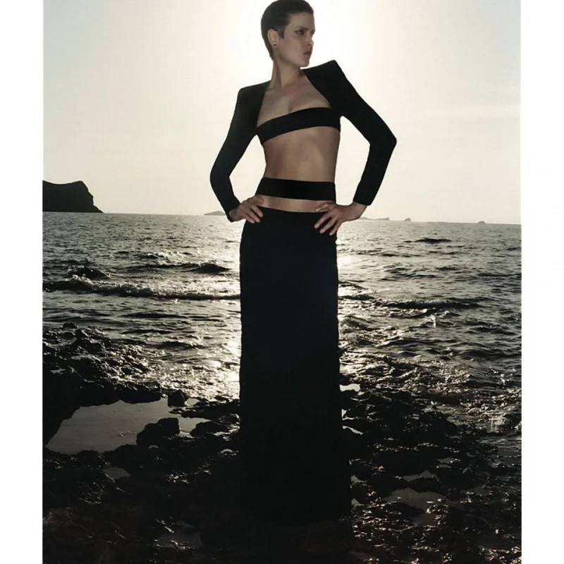 2025Nueva llegada Sexy de corte bajo Top corto ahueca hacia fuera la falda larga conjunto moda caliente fiesta vacaciones vendaje vestido