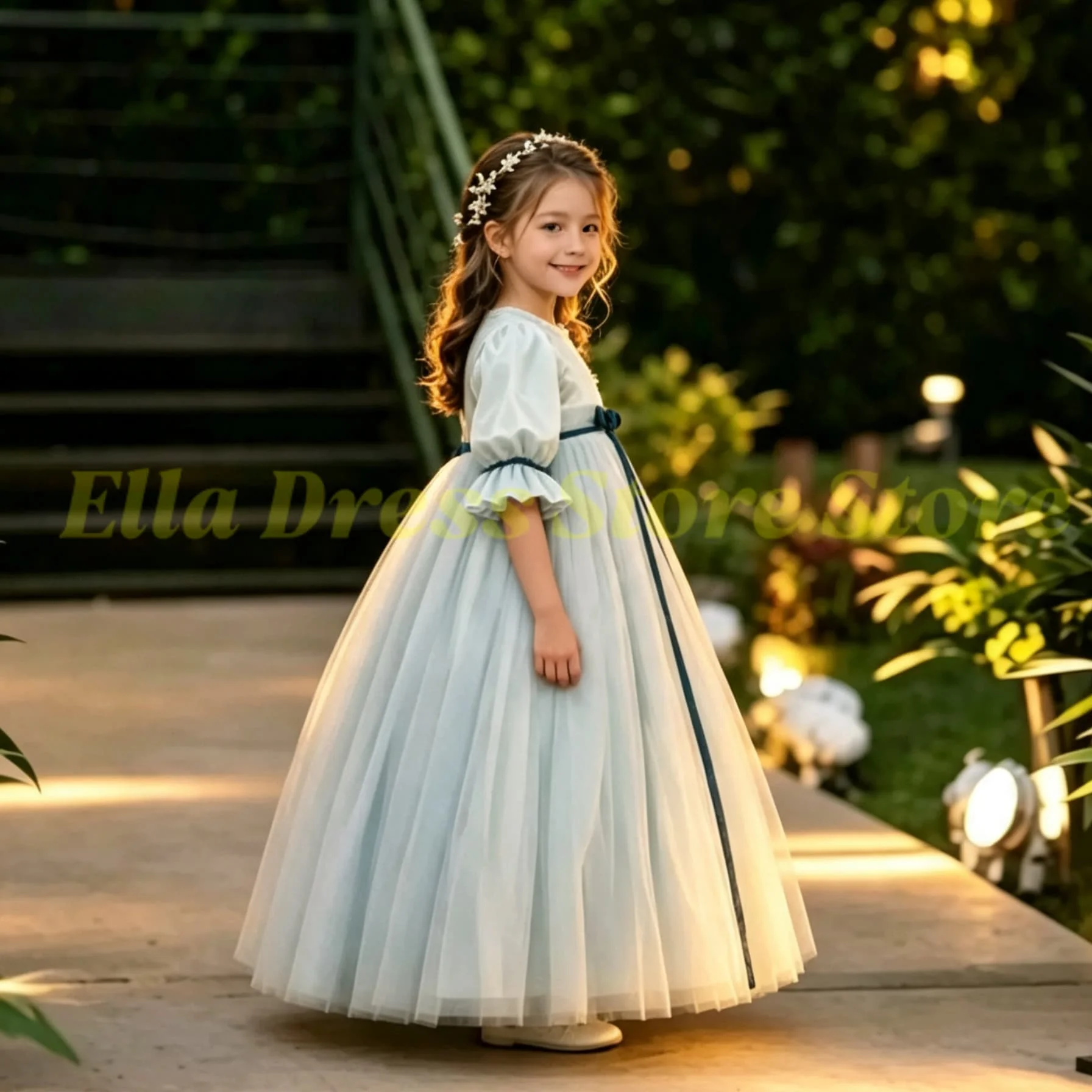 Elegante Maßgeschneiderte Mädchenkleider mit Hoher Taille und Puffärmeln, Bodenlange Blumenmädchenkleider für Hochzeiten und Kindergeburtstage im Großhandel – Detail 2