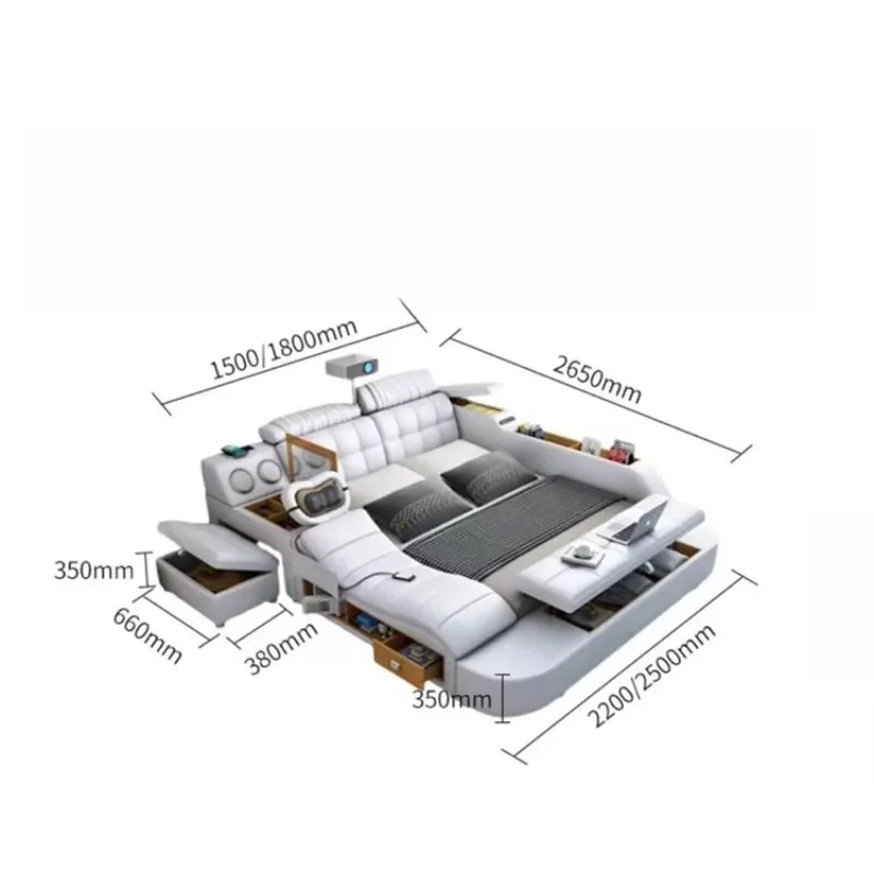 أثاث غرفة النوم جلد ديلوكس سرير كينج خشبي حديث متعدد الوظائف تخزين تدليك غطاء سرير راقي #1