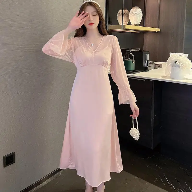 Spring Nightwear Nightdress Female Long Nightdress Sexy Patchwork Perspective Lace Sleeve Sleepwear Bathrobe Casual Home Dress