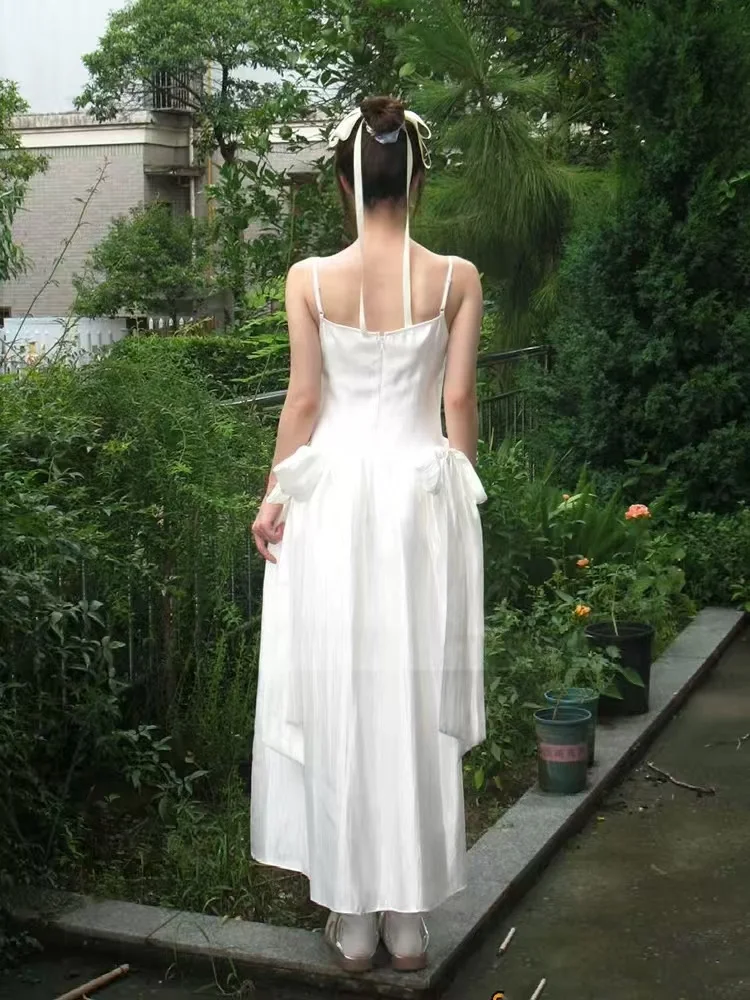 White flower strap bridal dressing gown bow banquet dress long dress seaside vacation dress