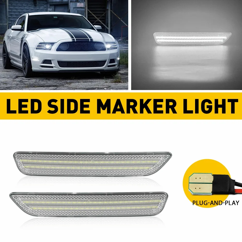 

2Pcs LED Front Rear Strip Side Marker Lights White For 2010-2014 Ford Mustang Base GT Shelby GT500 Boss 302 Clear Lens
