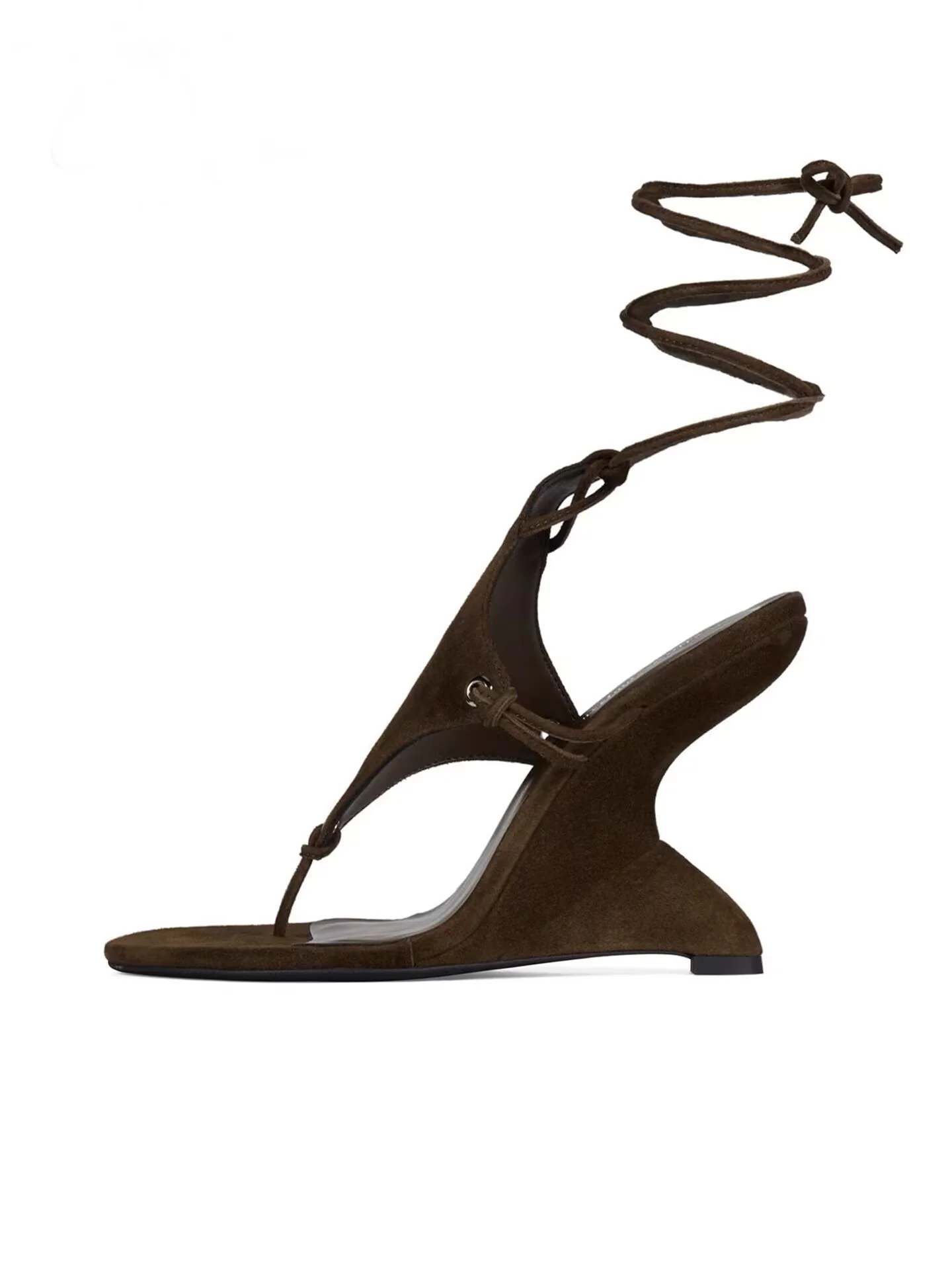 مثير براون الجلد المدبوغ أسافين كعب الدانتيل يصل الصنادل السوداء 10 سنتيمتر عالية الكعب المرأة الصيف جديد فاخر مصمم أحذية الحفلات الوجه تو